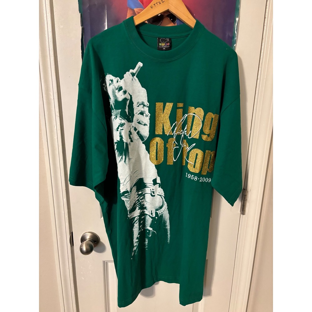 Hippo Michael Jackson King of Pop Memorial Graphic Tee Green Gold Glitter 3XL